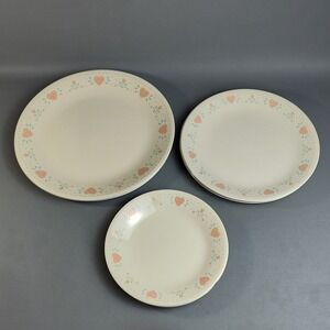 Vintage Corelle Forever Yours Set/7 Plates 2 Dinner 3 Salad 2 Bread Pink Hearts